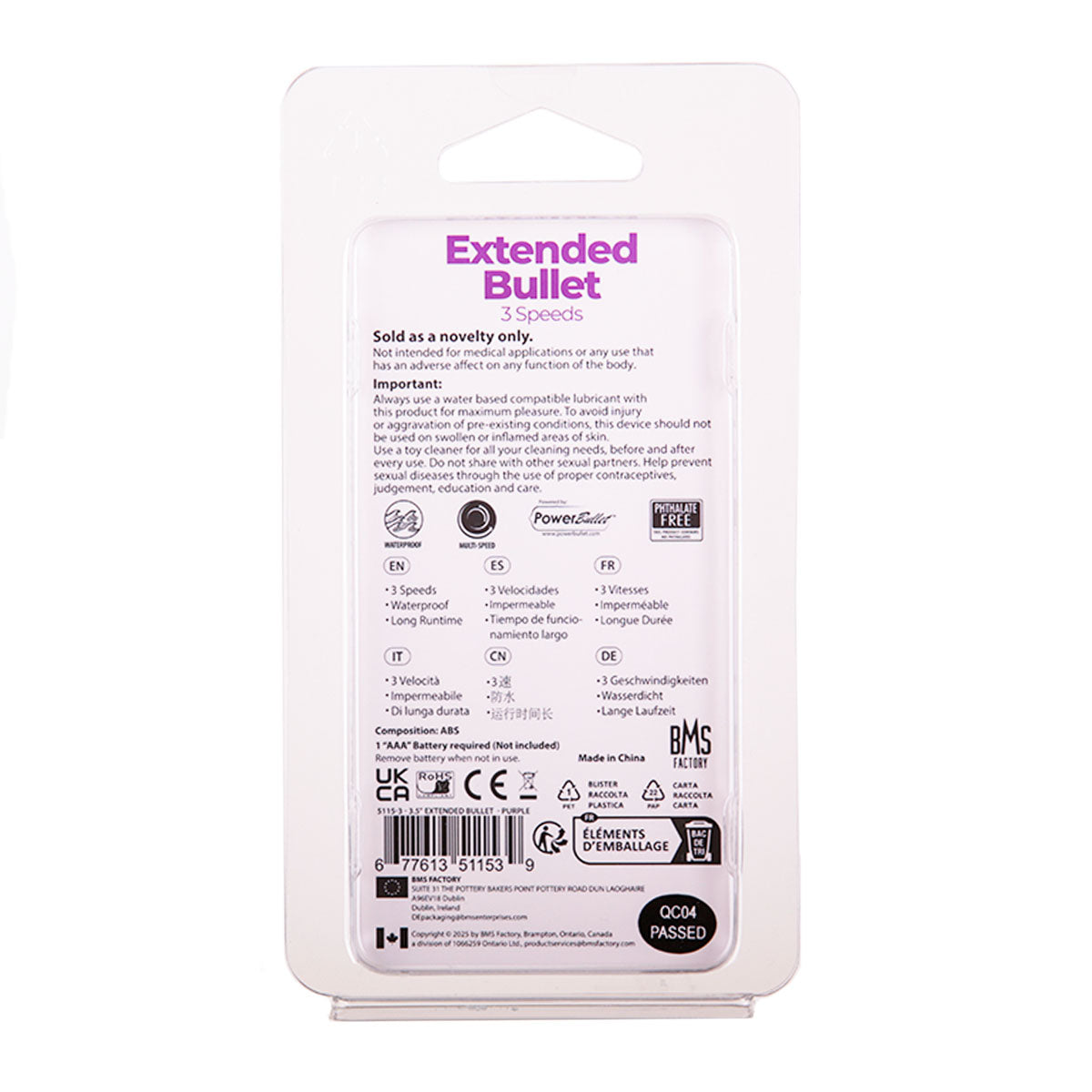 BMS - Extended - Bullet Vibrator - Battery Operated - Purple