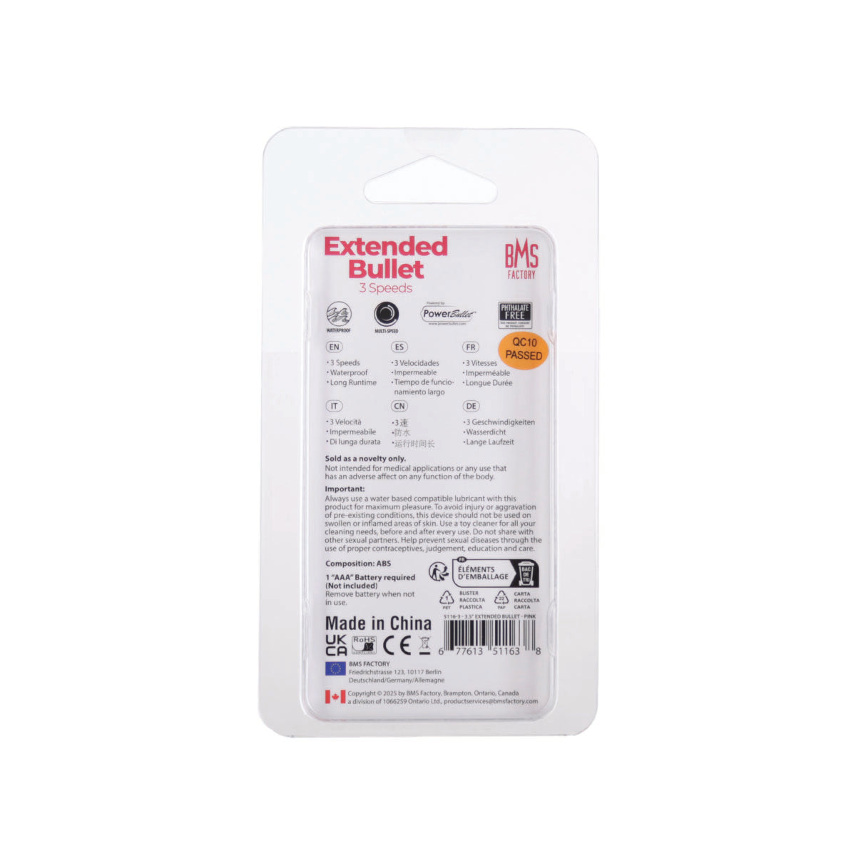 BMS - Extended Bullet Vibrator - Battery Operated - Pink