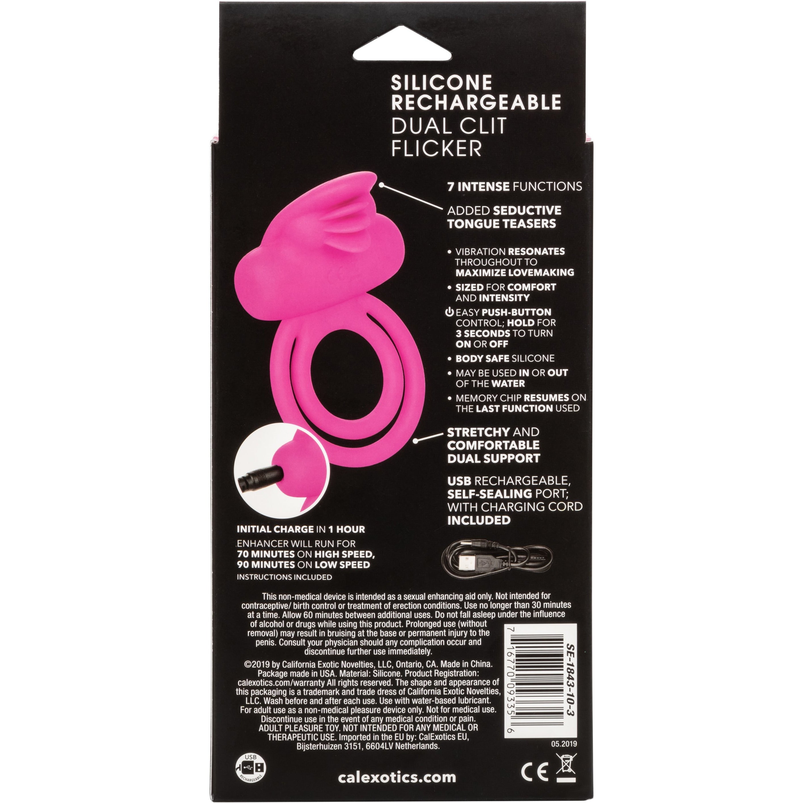 CALEXOTICS® - Silicone Rechargeable Dual Clit Flicker Vibrating Cock Ring - Pink