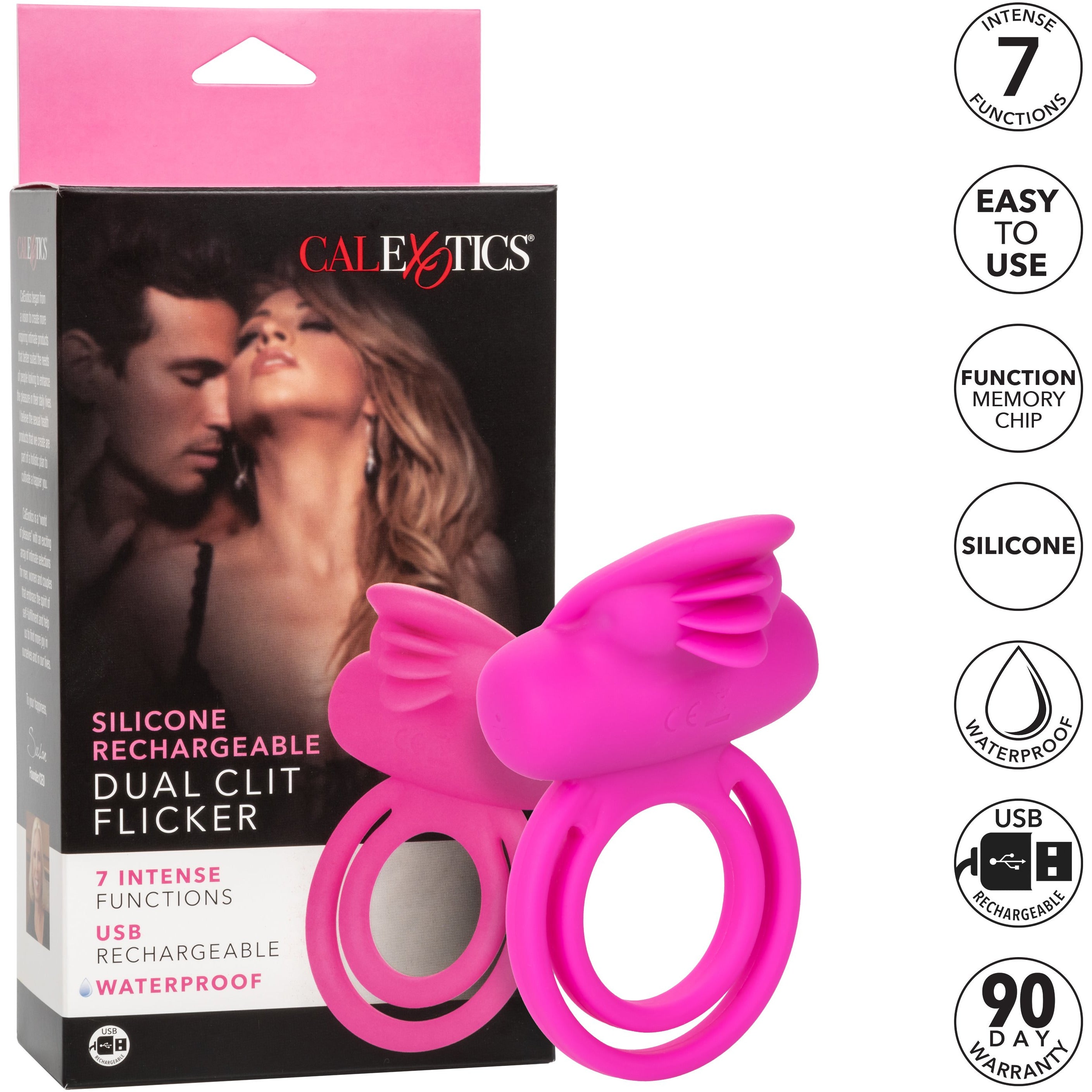 CALEXOTICS® - Silicone Rechargeable Dual Clit Flicker Vibrating Cock Ring - Pink