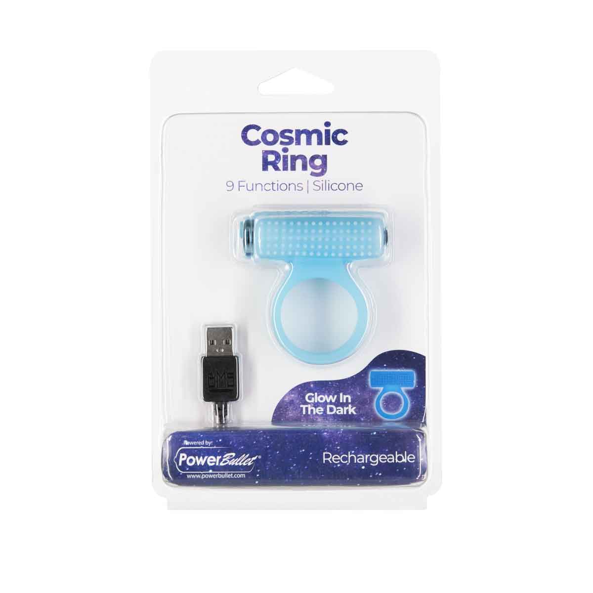 PowerBullet - Cosmic Ring - Anneau vibrant pour pénis - Bleu phosphorescent