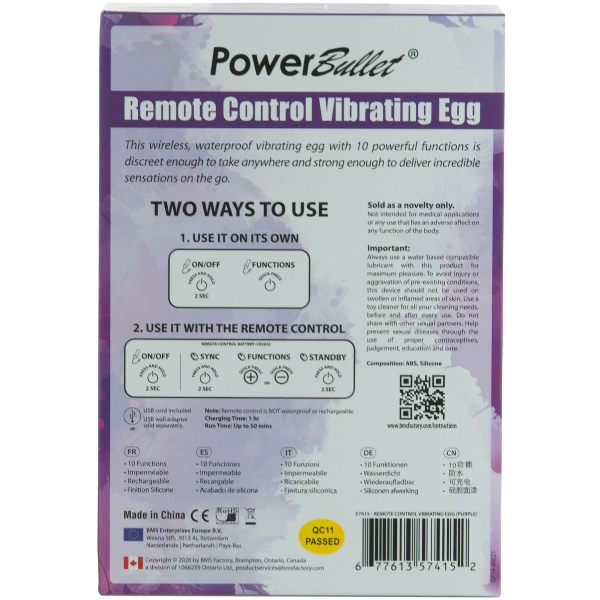 PowerBullet - Remote Control Vibrating Egg - Rechargeable - Purple