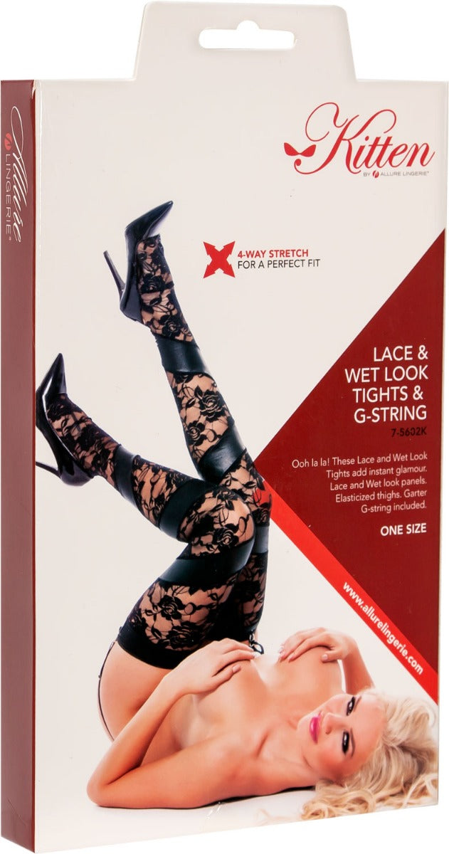 Kitten by Allure - Wet look & Lace Tights -With G-String - Black - OS