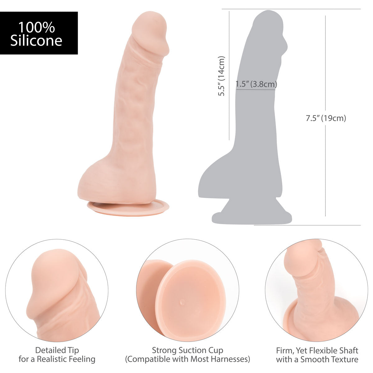 Pure Love® - Godemichet réaliste en silicone lisse avec ventouse – 19 cm – Beige