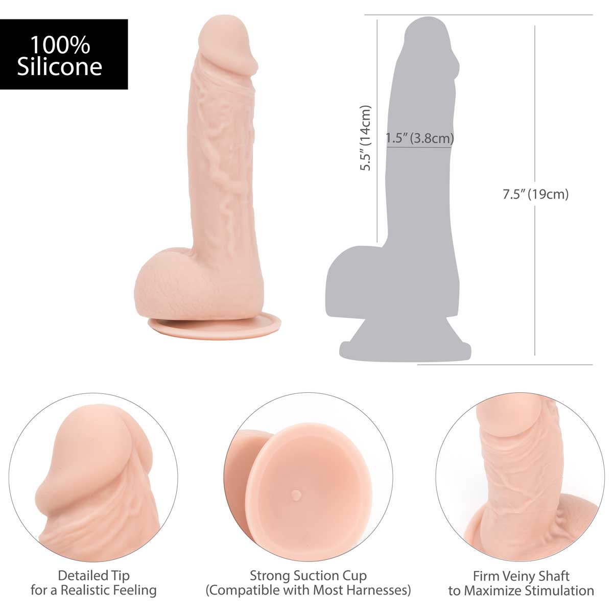 Pure Love® - Godemichet réaliste en silicone avec testicules de 19 cm – Beige