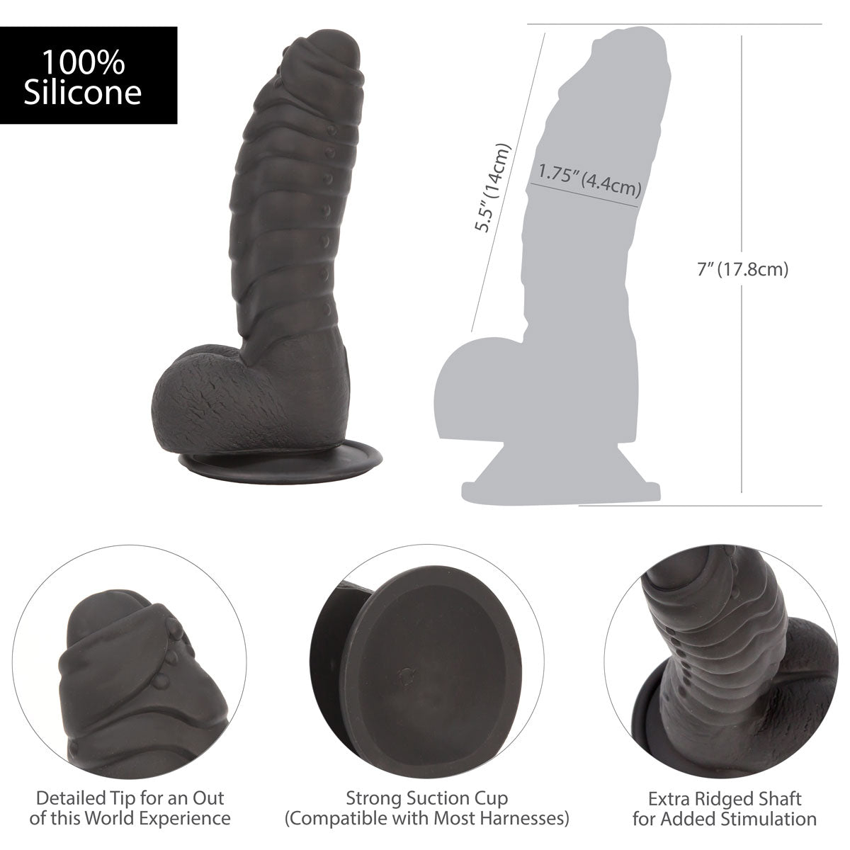 Pure Love® - Godemichet Fantaisie en Silicone avec Base Ventouse – 17,78 cm – Noir