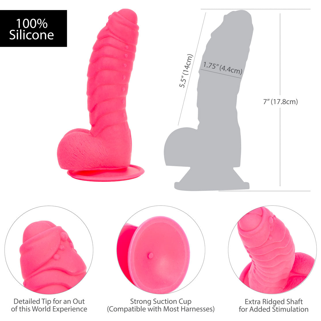 Pure Love® - Godemichet Fantasy en Silicone avec Ventouse – 17,8 cm – Rose Vif