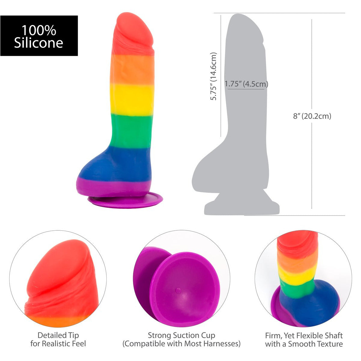 Addiction - Godemichet Justin 8" avec testicules - Couleurs drapeau de la fierté