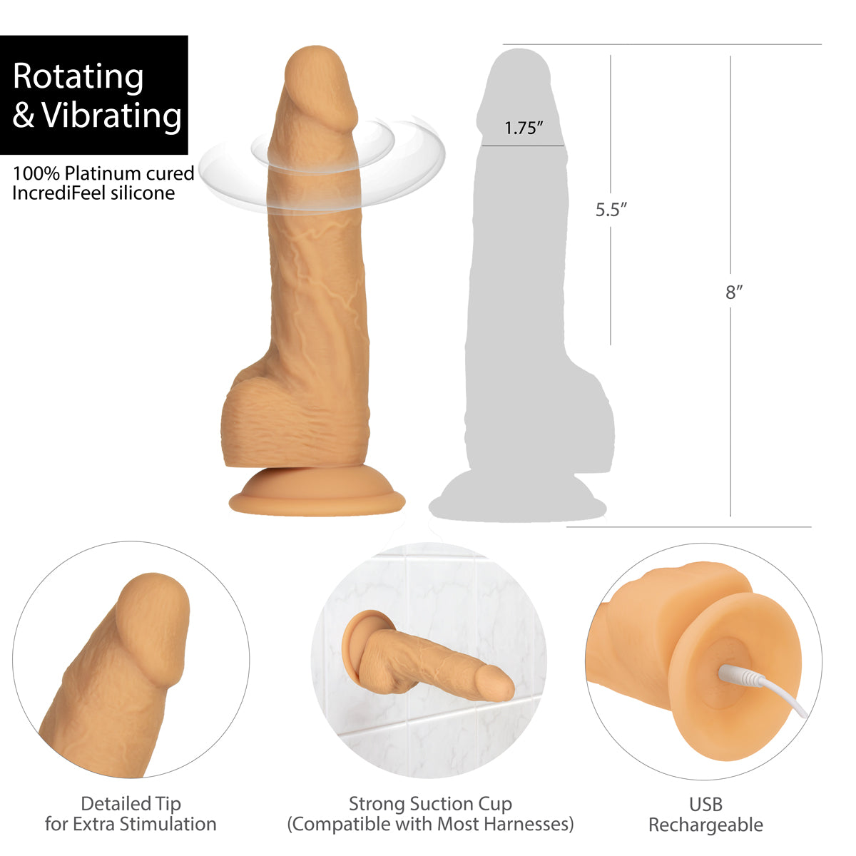 NAKED ADDICTION - Rotating & Vibrating Silicone Dong with Remote - 8" - Caramel
