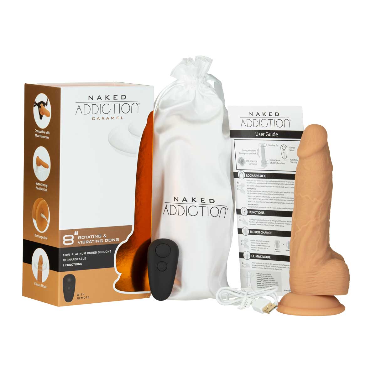 NAKED ADDICTION - Rotating & Vibrating Silicone Dong with Remote - 8" - Caramel