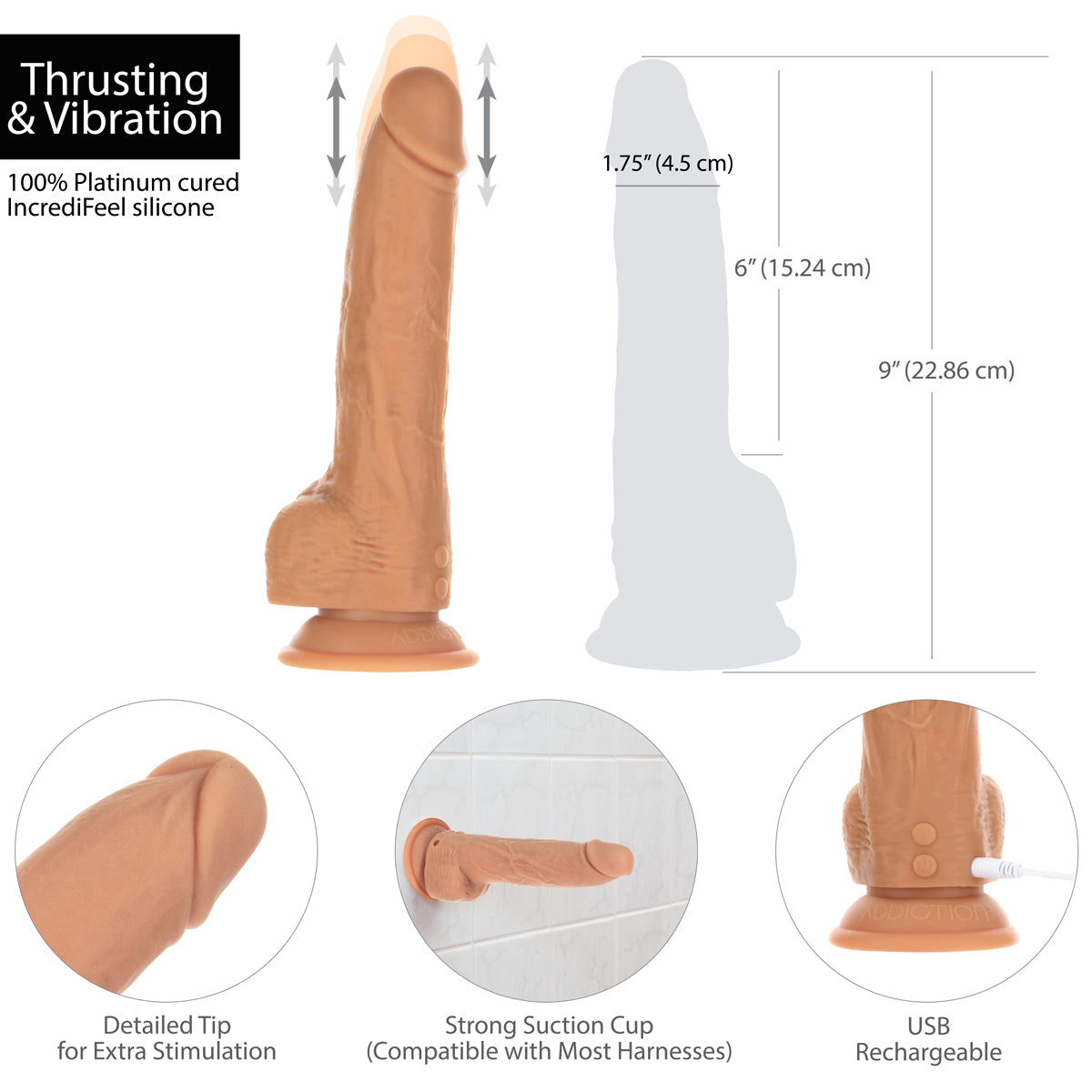 NAKED ADDICTION - Thrusting Silicone Dong with Remote - 9" - Caramel