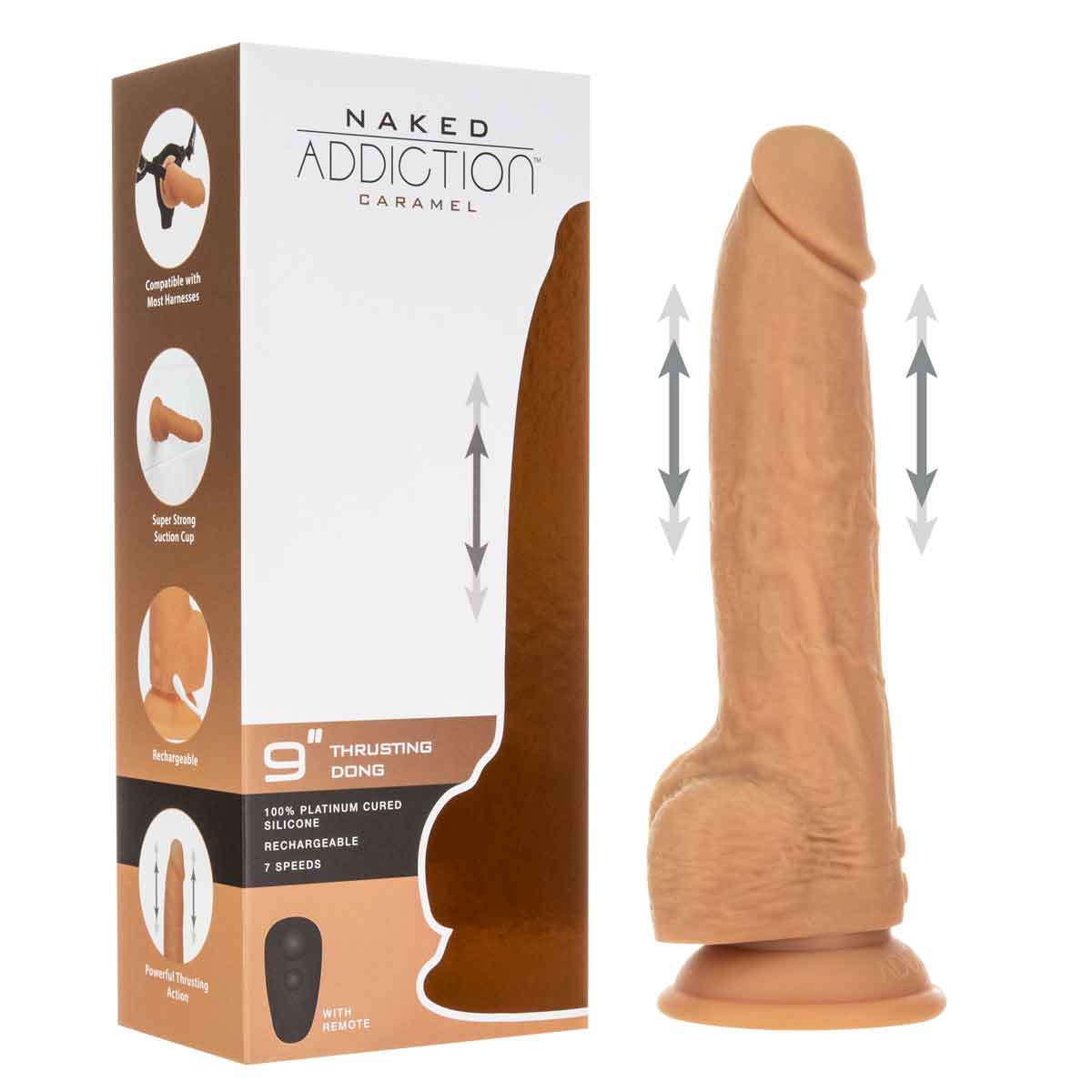 NAKED ADDICTION - Thrusting Silicone Dong with Remote - 9" - Caramel
