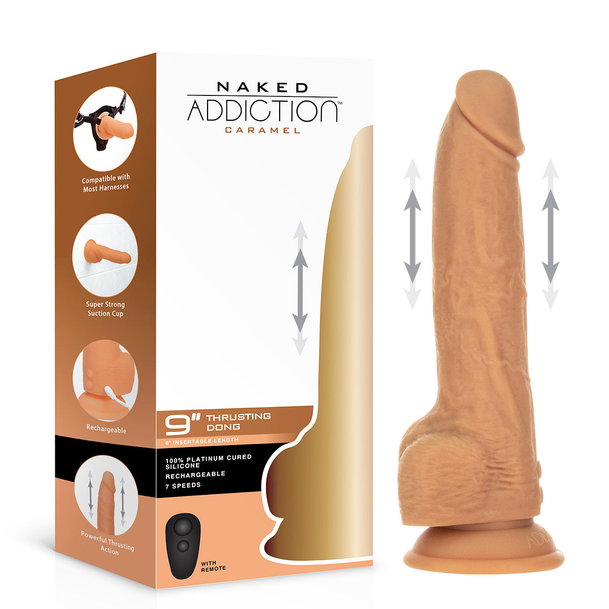 Naked Addiction - 9" Thrusting Dildo with Remote - Caramel