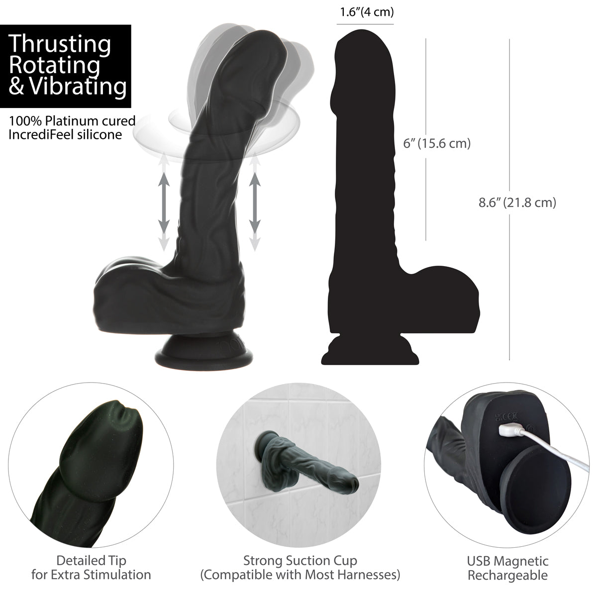 NAKED ADDICTION - Rotating, & Vibrating Thrusting Silicone Dong with Remote - 8.6" - Noir