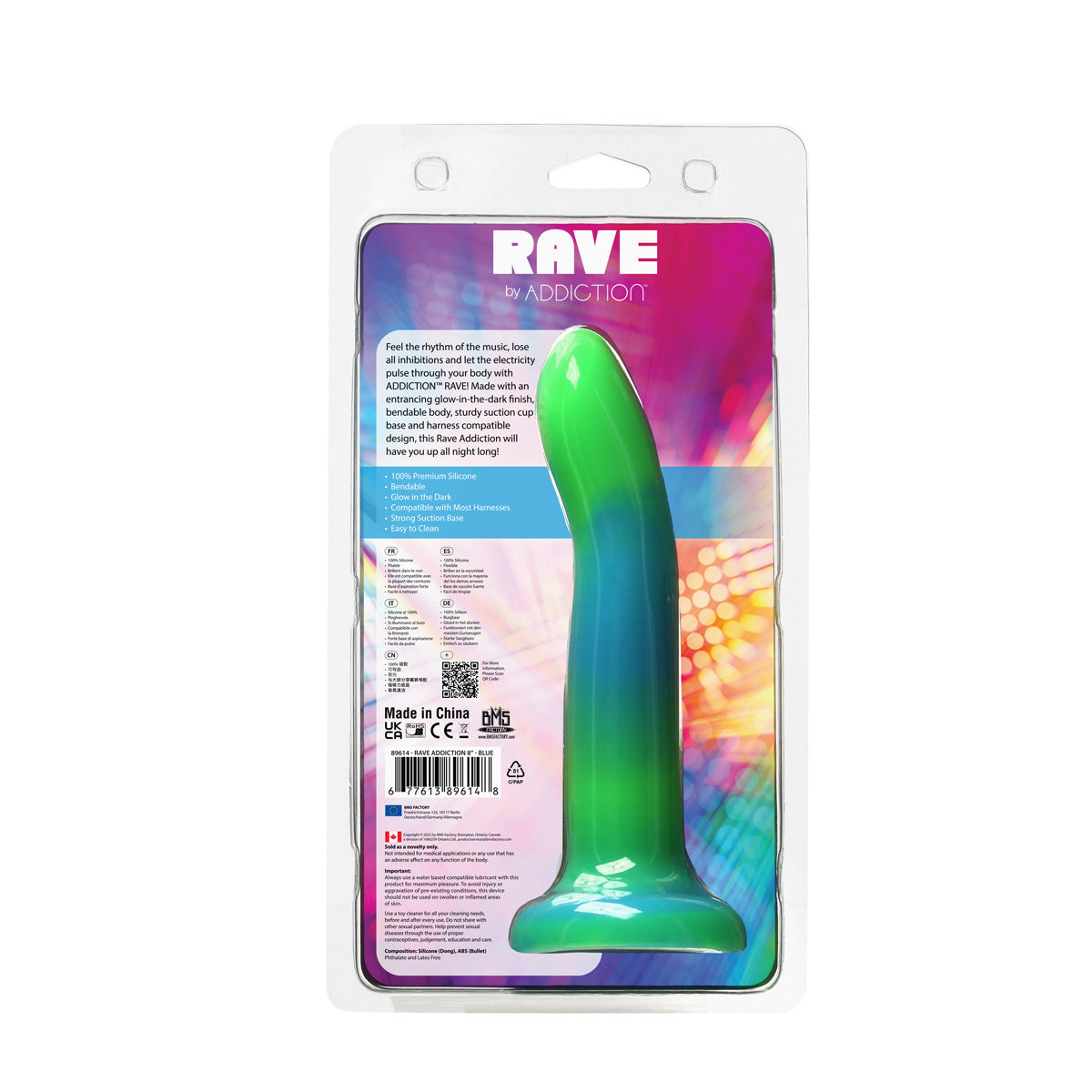 Rave by Addiction - Godemichet phosphorescent 20 cm - Bleu-vert