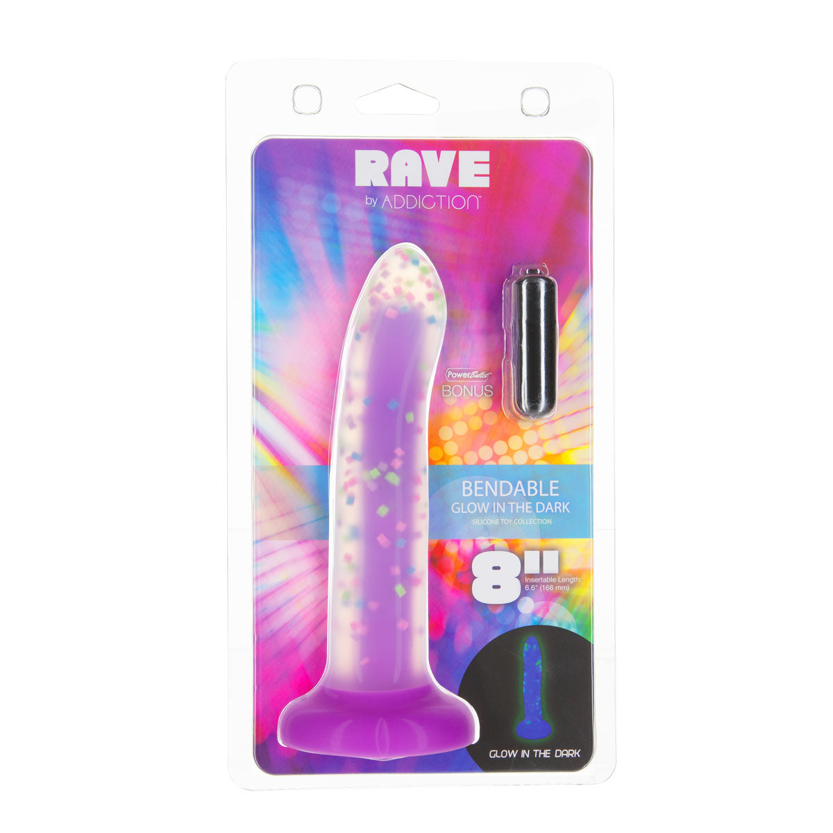 Rave by Addiction - 8" Bendable Glow in the Dark Dildo - Purple Confetti
