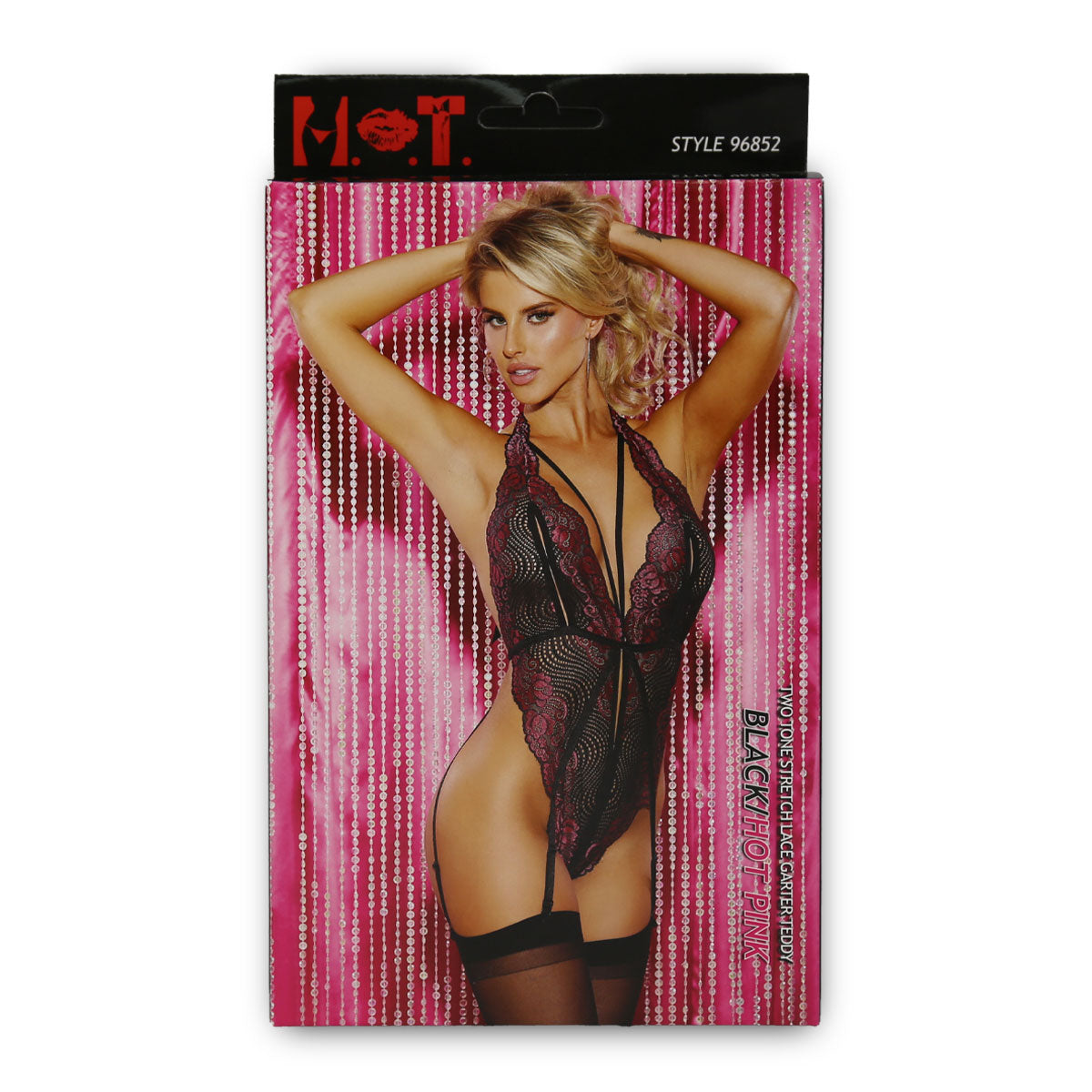 H.O.T - Two Tone Stretch Lace Garter Teddy - Black/Hot pink - One Size