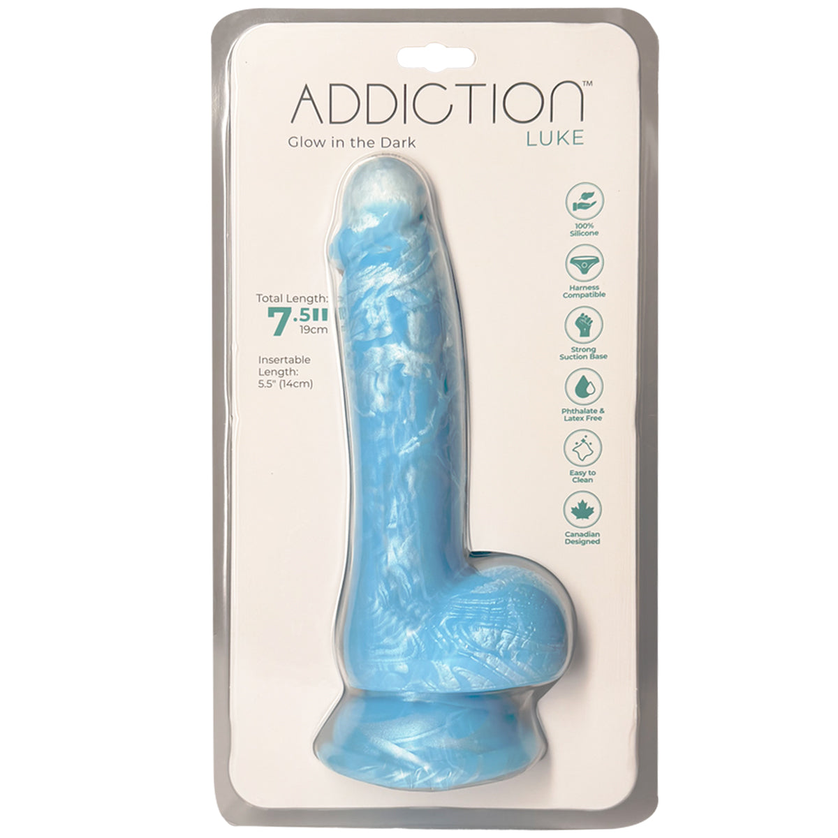 Addiction - Godemichet phosphorescent bleu avec boules de 7,5" - Luke