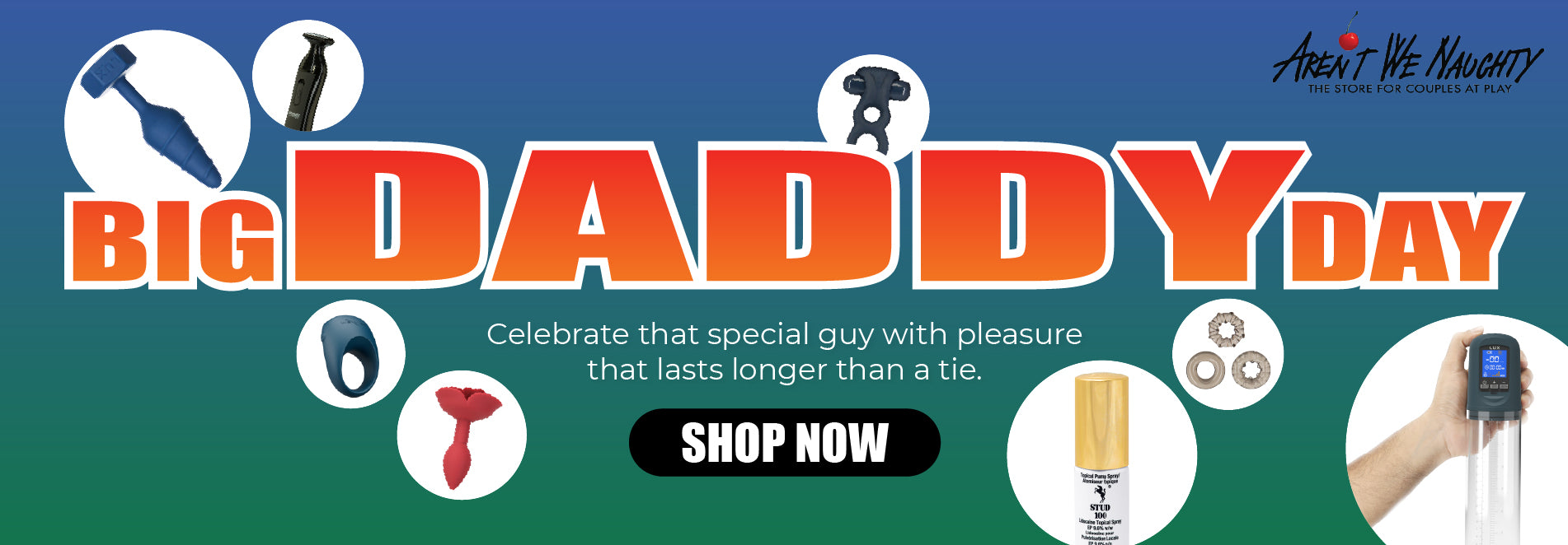 Promotional banner for 'Big Daddy Day' with product images and text on a blue and green background.
