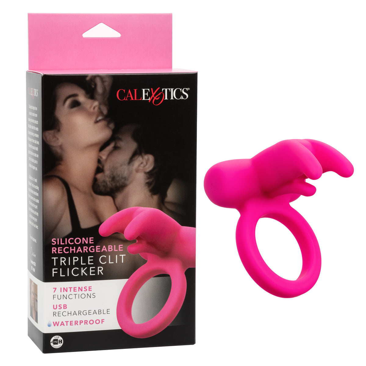 CALEXOTICS® - Silicone Rechargeable Triple Clit Flicker Vibrating Cock Ring - Pink