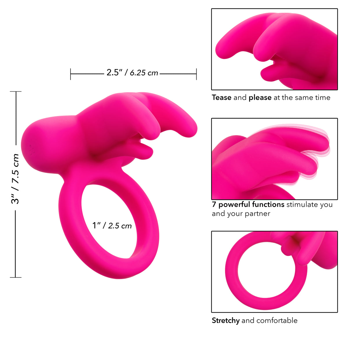 CALEXOTICS® - Silicone Rechargeable Triple Clit Flicker Vibrating Cock Ring - Pink