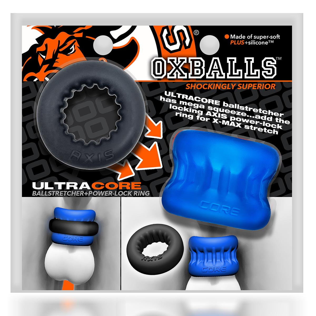 Oxballs - Tendeur de testicules Ultracore + Anneau Power Lock – Noir/Bleu