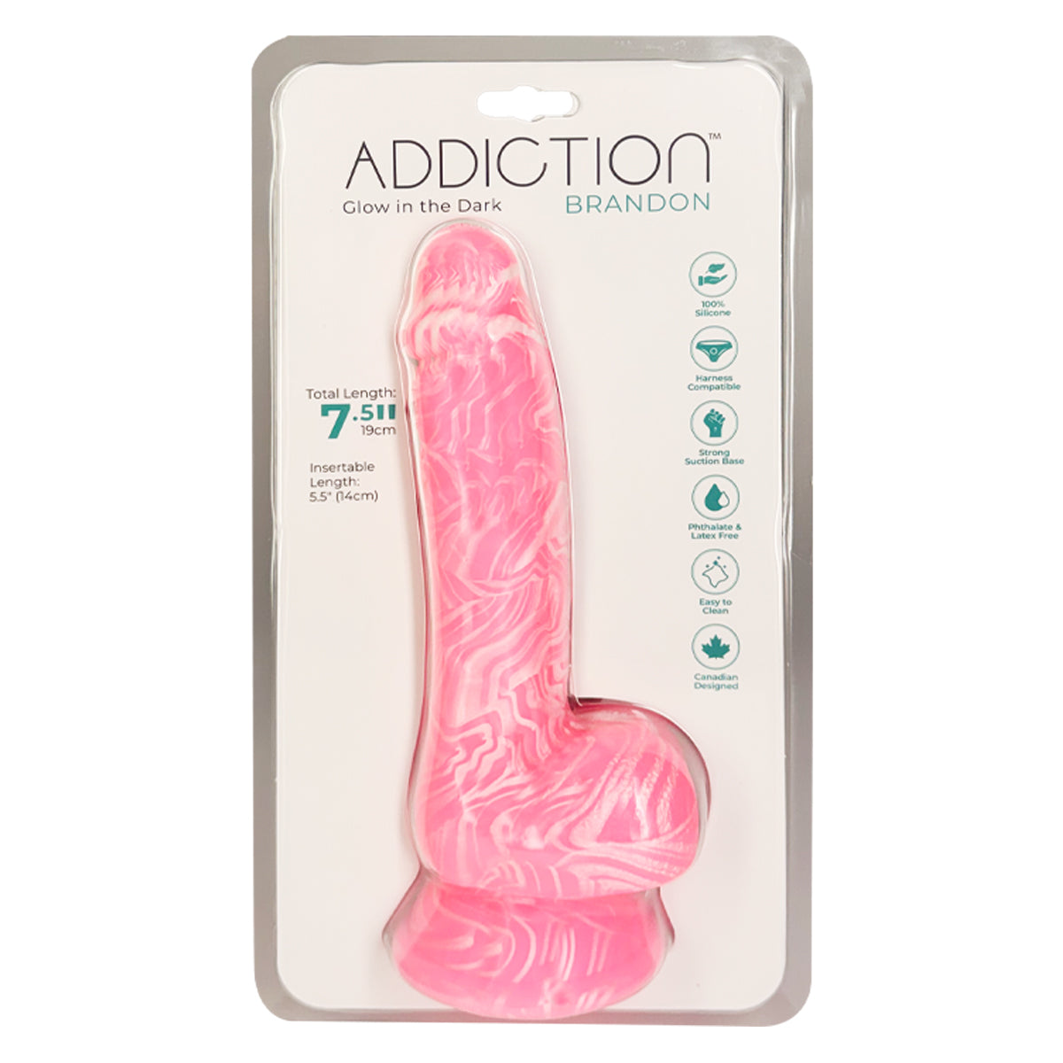 ADDICTION - Brandon Glow in the Dark Dildo With Balls - 7.5" - Pink
