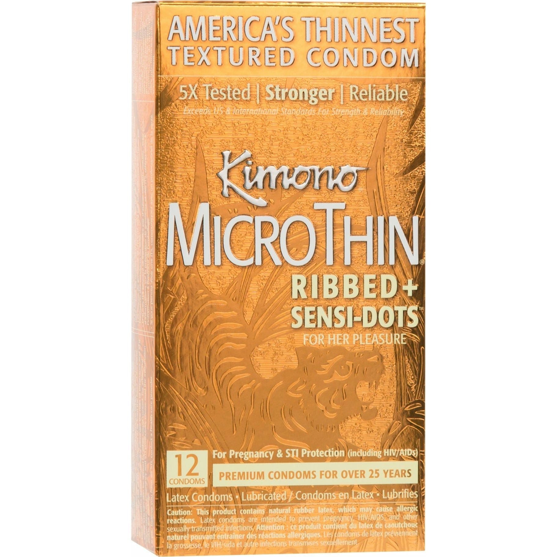 Préservatif en latex Kimono® Micro Thin finement nervuré + Sensi-Dots lubrifié – Lot de 12