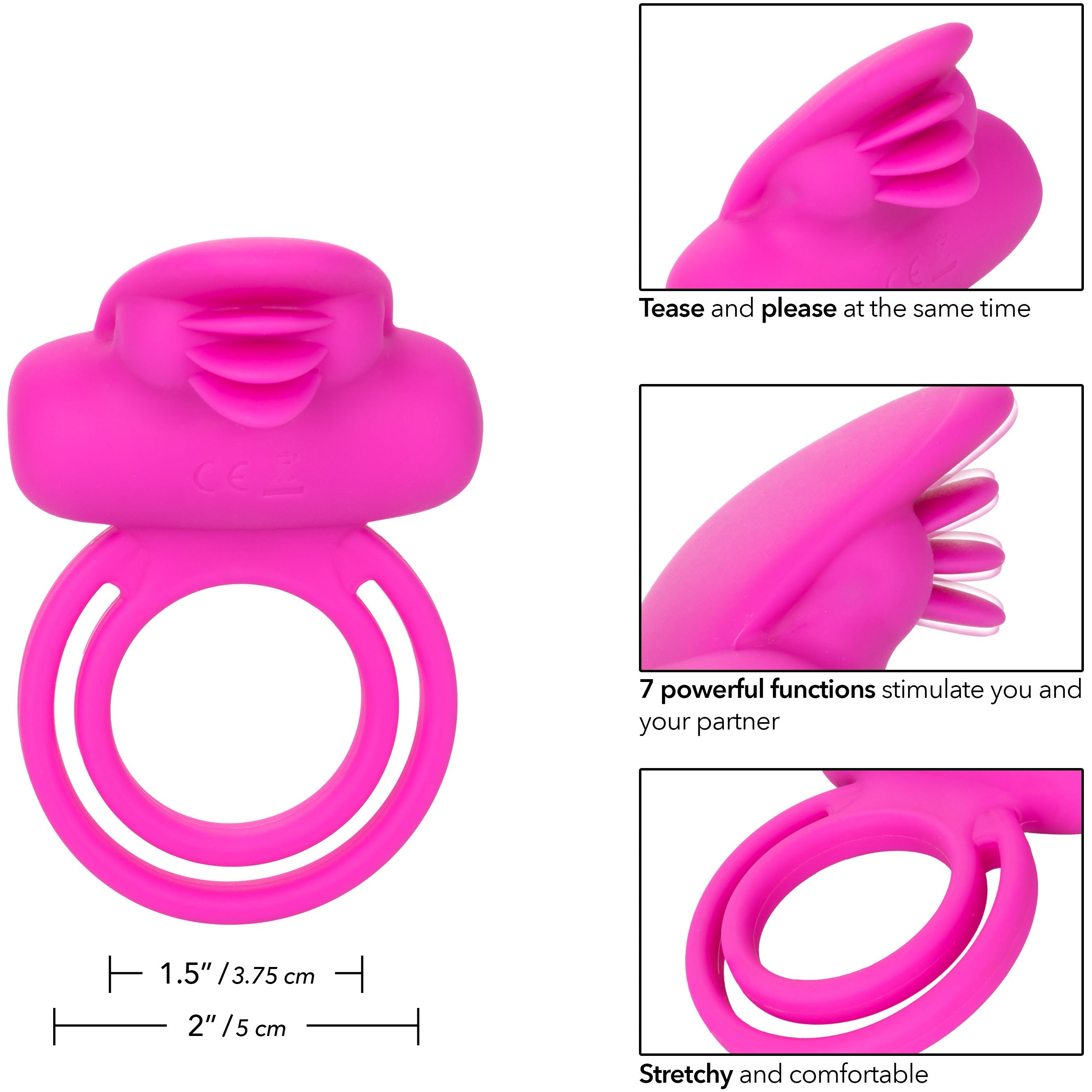 CALEXOTICS® - Silicone Rechargeable Dual Clit Flicker Vibrating Cock Ring - Pink