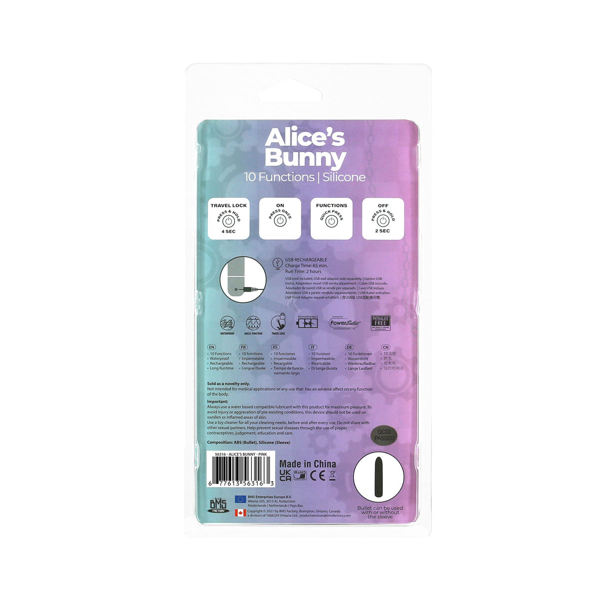 BMS - Alice's Bunny - Rechargeable Bullet with Removable Rabbit Sleeve - Pink