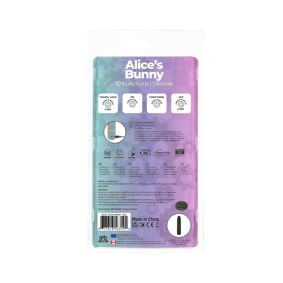 BMS - Alice's Bunny - Rechargeable Bullet with Removable Rabbit Sleeve - Teal