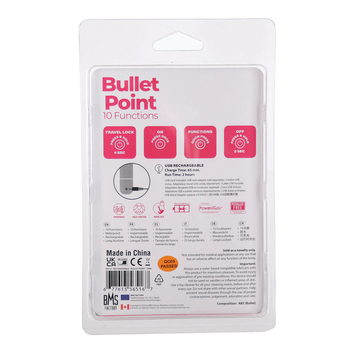 BMS - Bullet Point - Bullet Vibrator - USB Rechargeable - Pink
