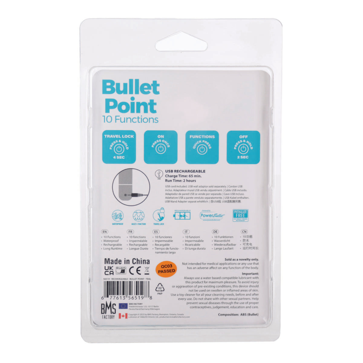 BMS - Bullet Point - Bullet Vibrator - USB Rechargeable - Teal
