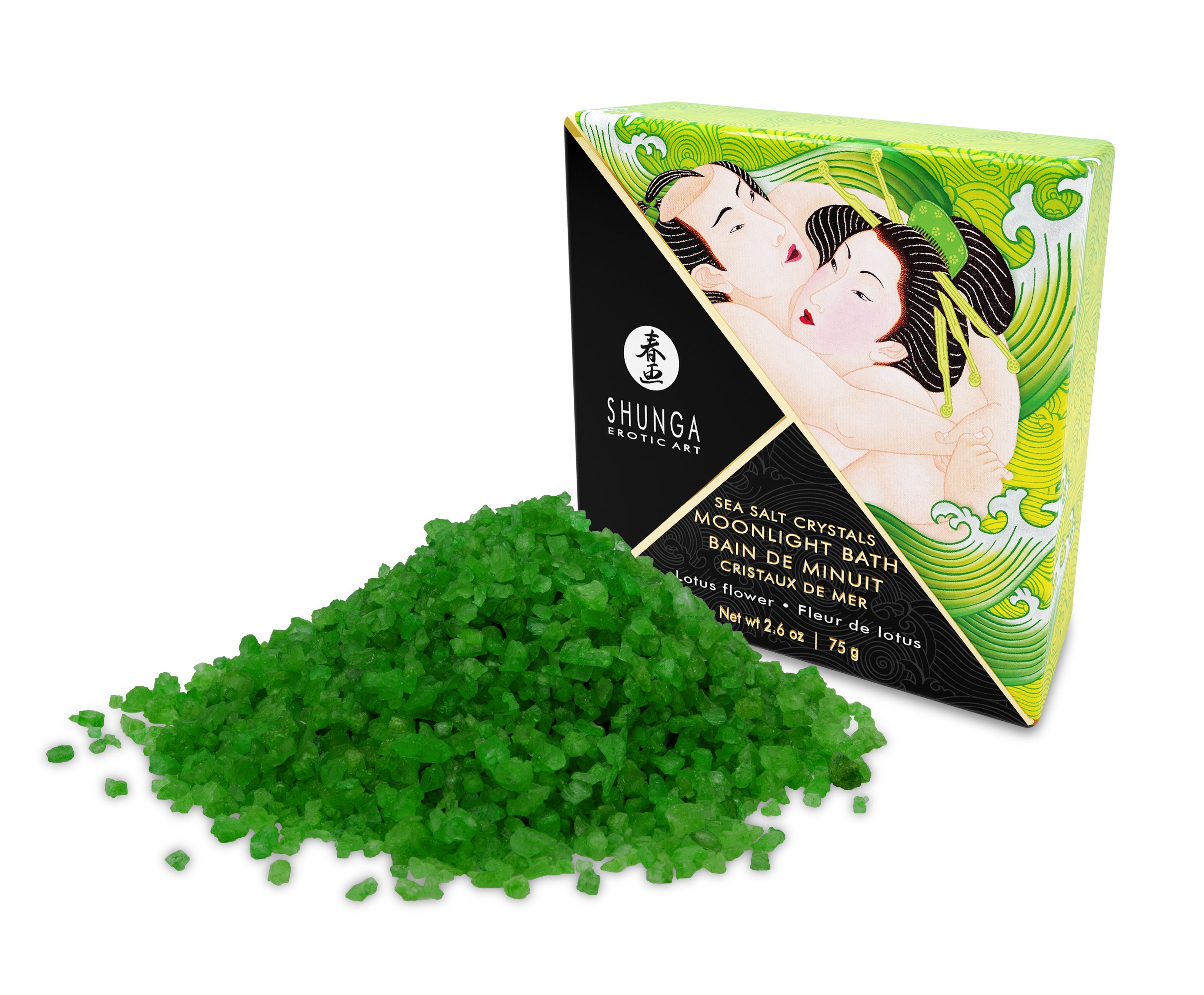 Shunga Art Érotique Cristaux de Sel Marin Bain Au Clair de Lune Fleur de Lotus Vert 26 oz 75 g