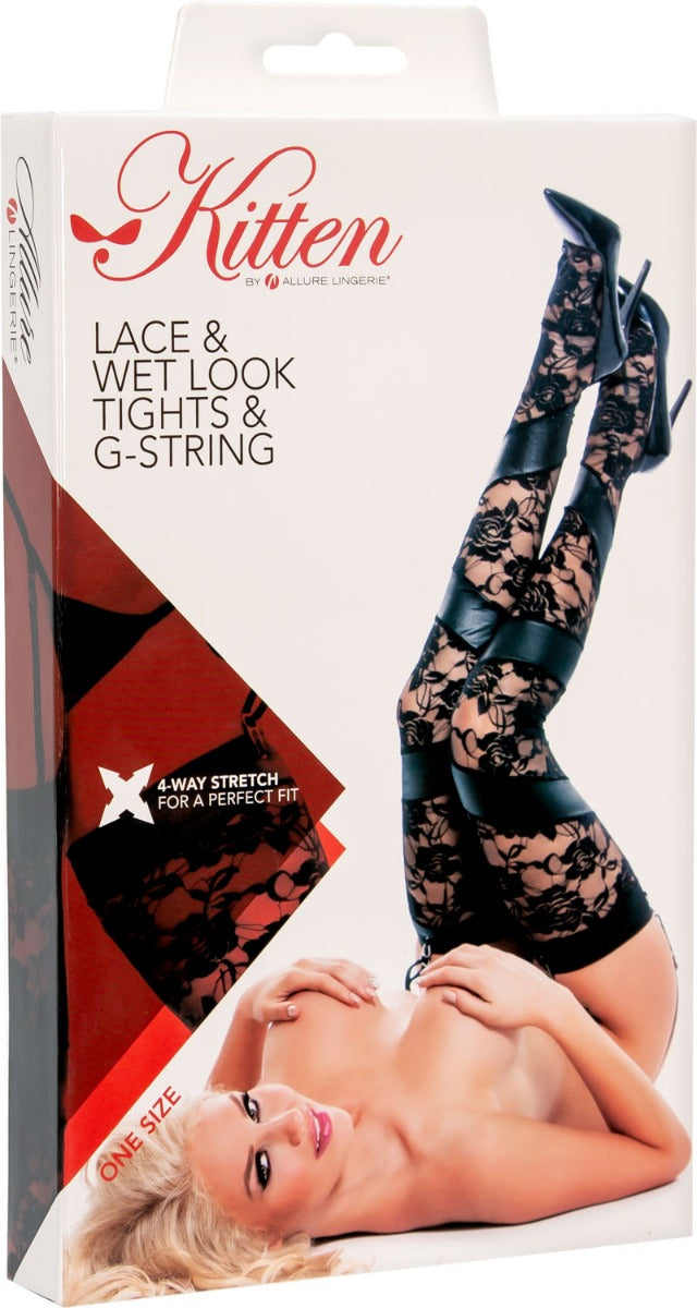 Kitten by Allure - Wet look & Lace Tights -With G-String - Black - OS