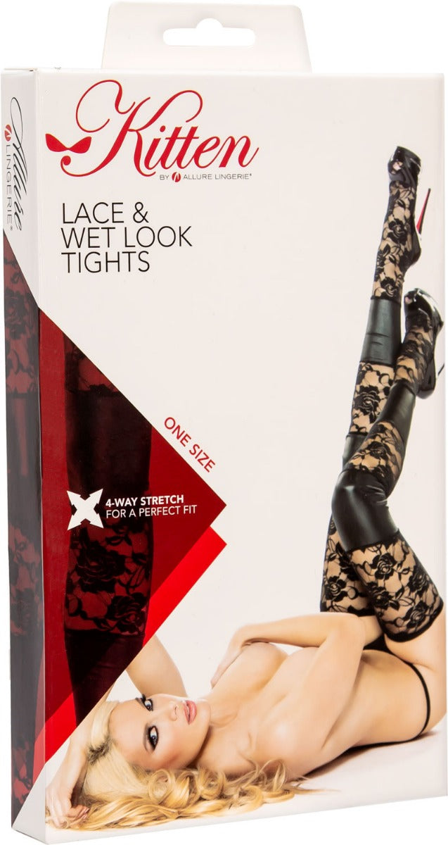 Kitten by Allure - Wet look & Lace Tights -Without G-String - Black - OS