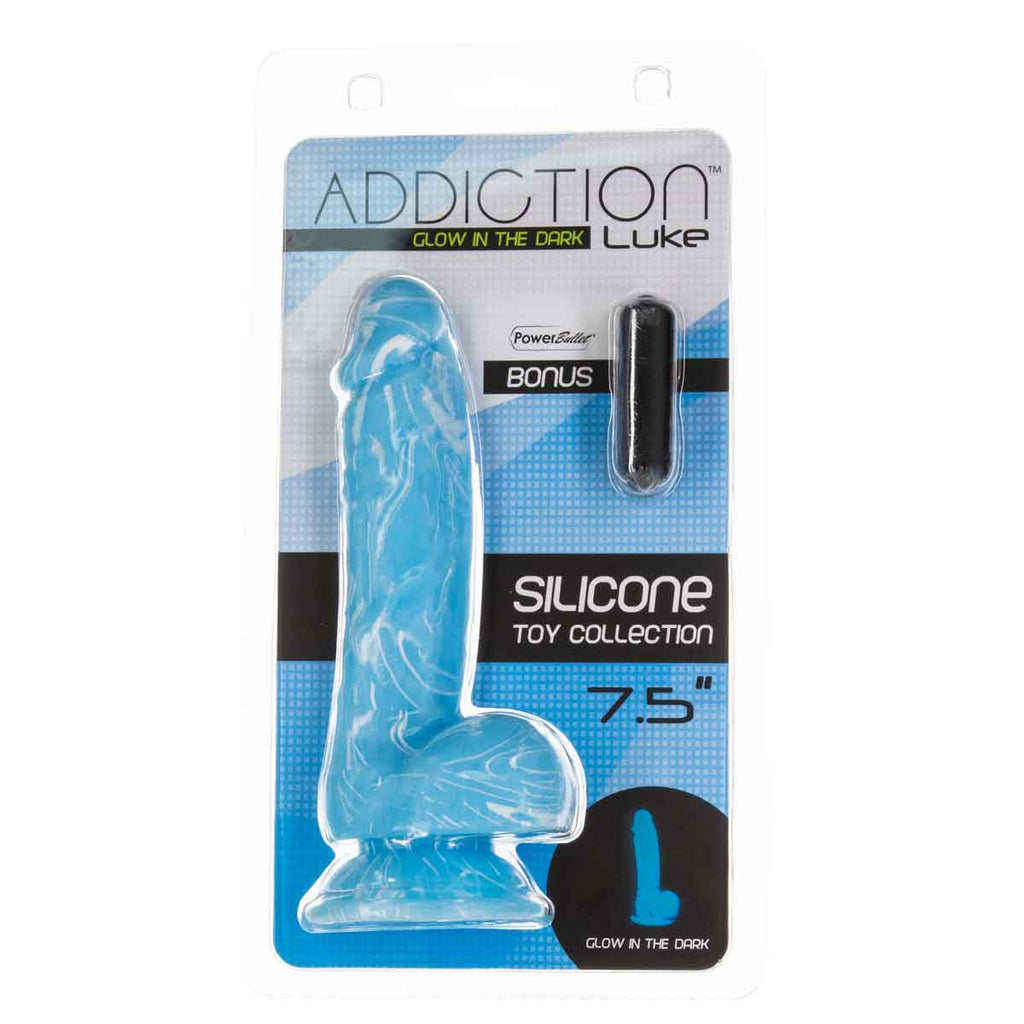 Addiction - Luke 7.5" Glow-in-the-Dark Dildo With Balls - Blue