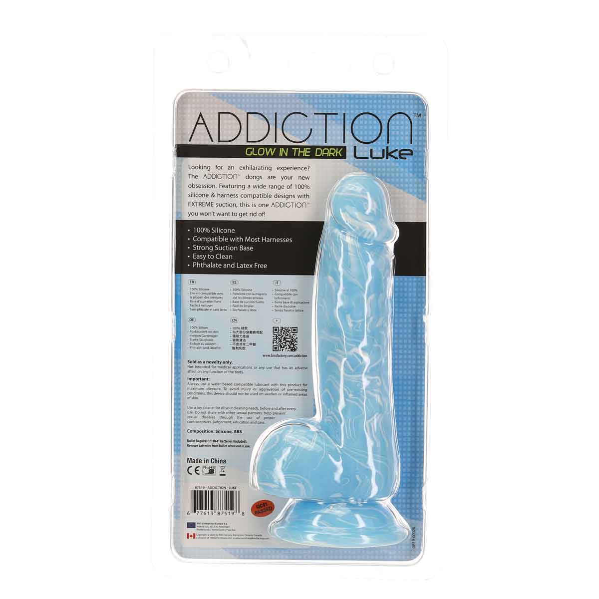 Addiction - Luke 7.5" Glow-in-the-Dark Dildo With Balls - Blue