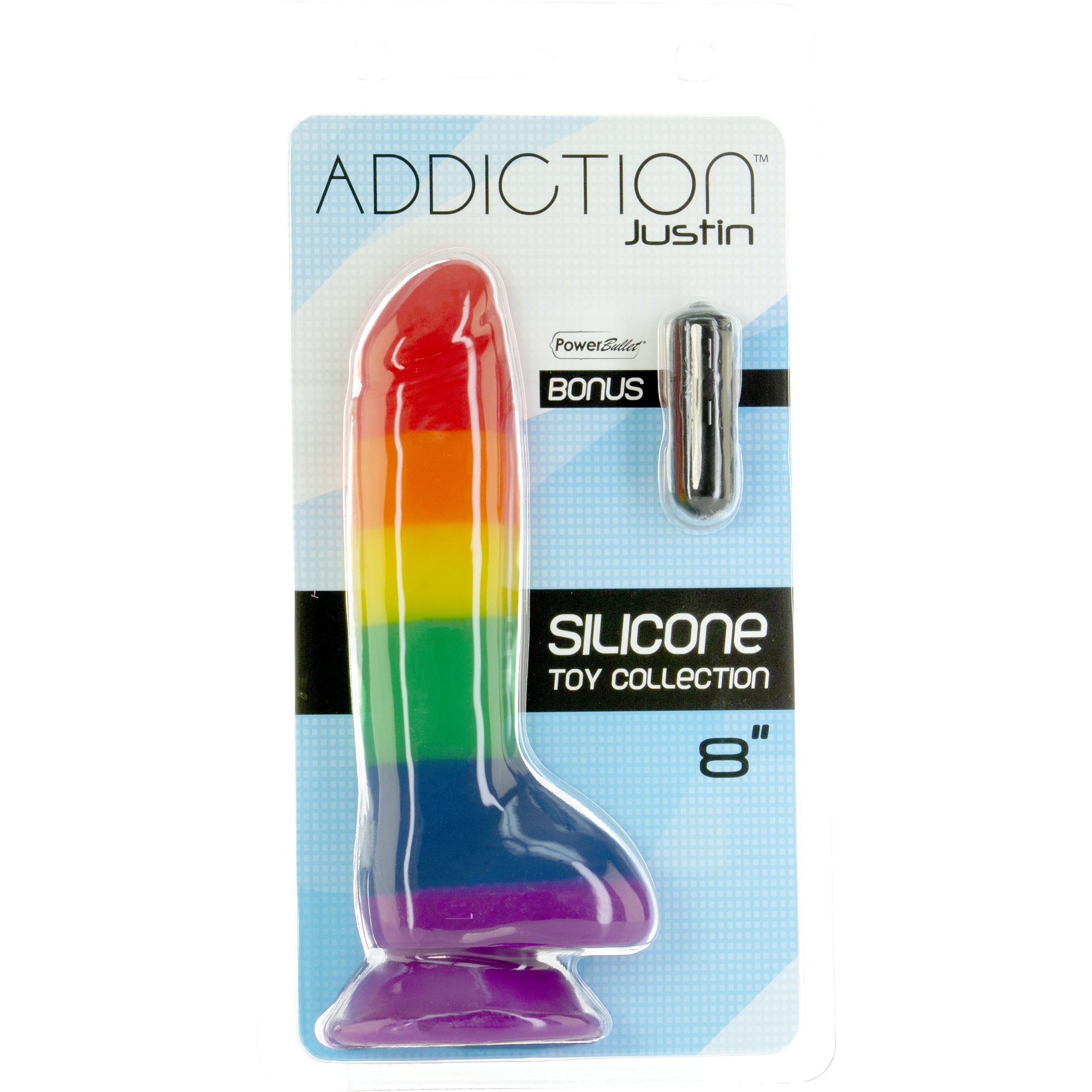 Addiction - Godemichet Justin 8" avec testicules - Couleurs drapeau de la fierté