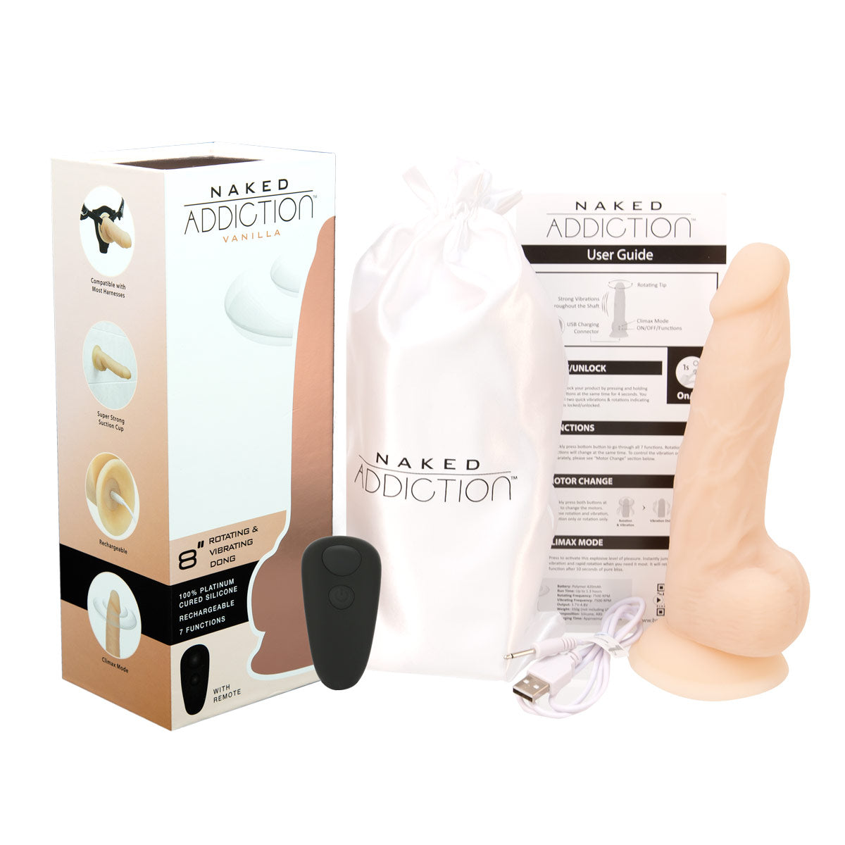 Naked Addiction - 8" Rotating & Vibrating Dildo with Remote - Vanilla