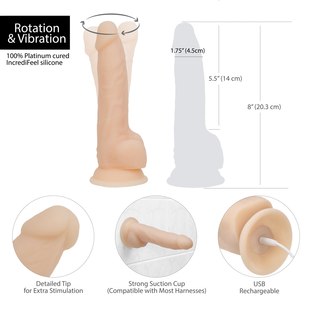Naked Addiction - 8" Rotating & Vibrating Dildo with Remote - Vanilla