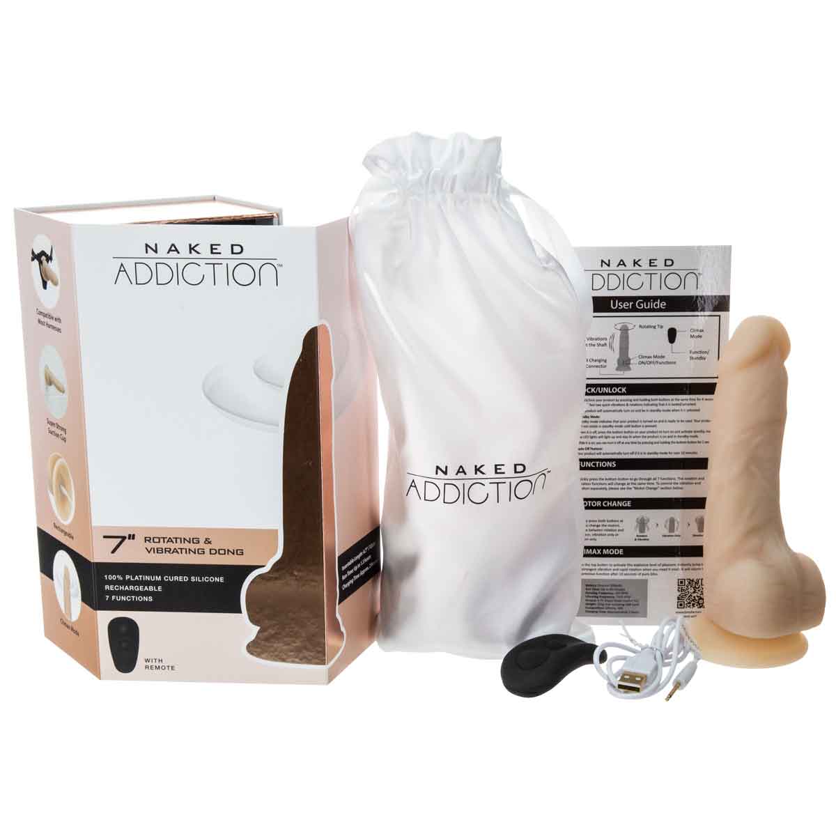 Naked Addiction - 7" Rotating & Vibrating Dildo with Remote Control - Beige