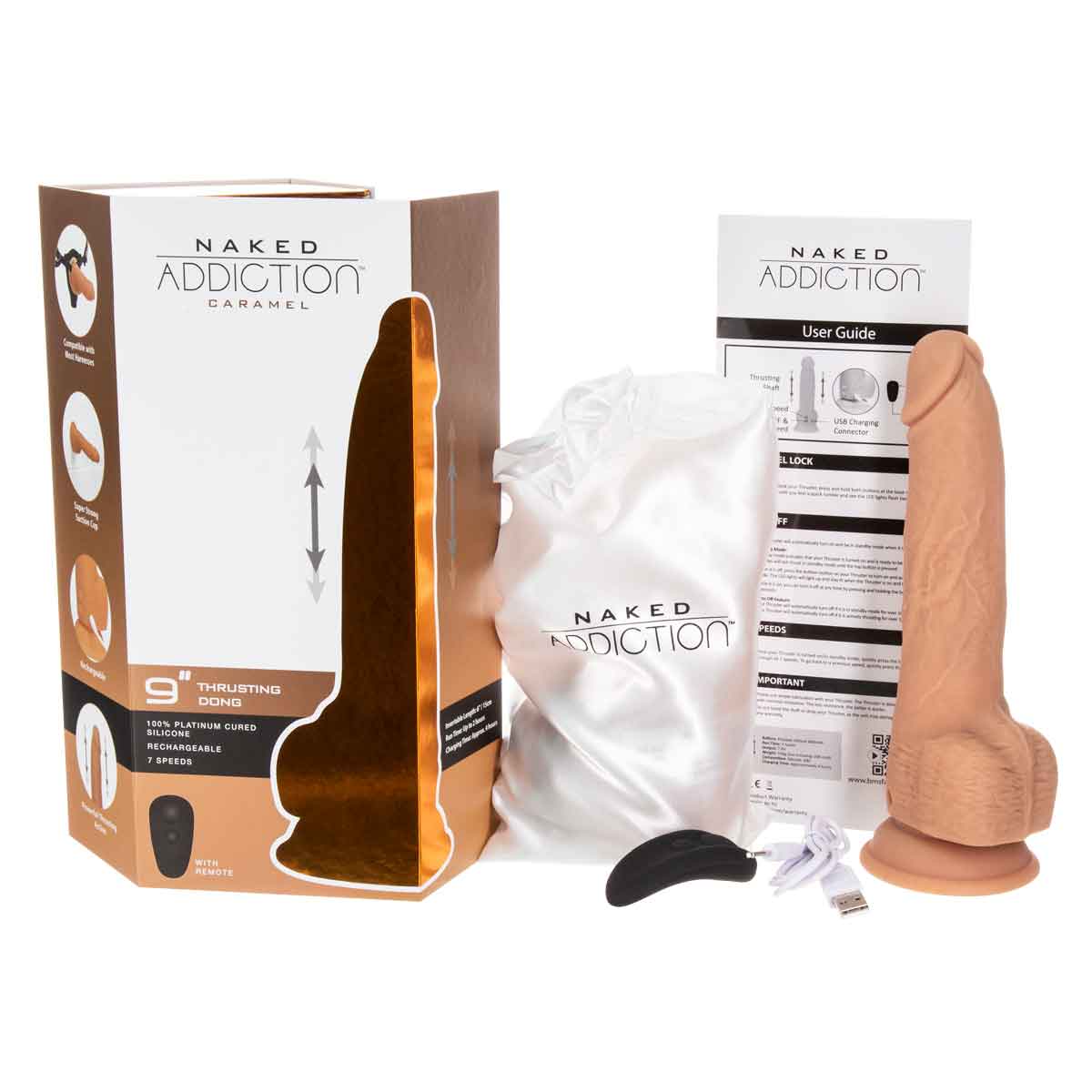 NAKED ADDICTION - Thrusting Silicone Dong with Remote - 9" - Caramel