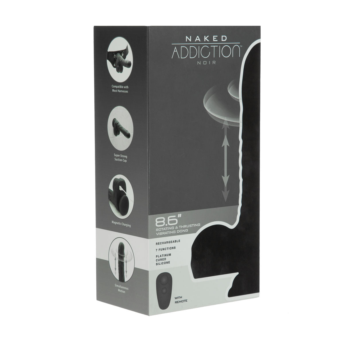 NAKED ADDICTION - Rotating, & Vibrating Thrusting Silicone Dong with Remote - 8.6" - Noir