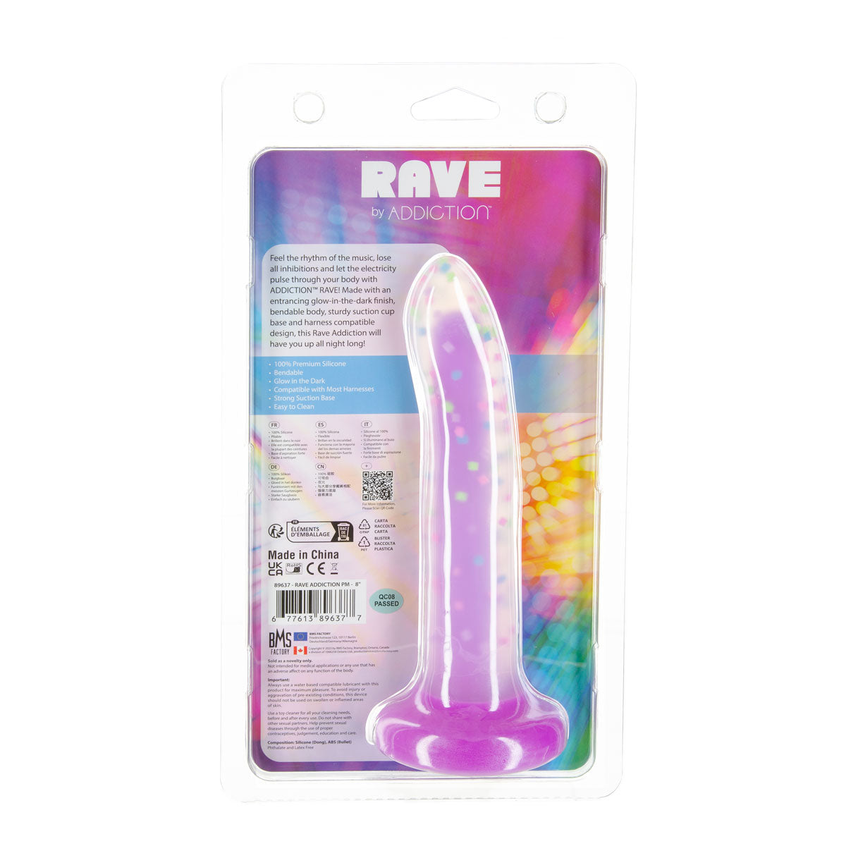 Rave by Addiction - 8" Bendable Glow in the Dark Dildo - Purple Confetti