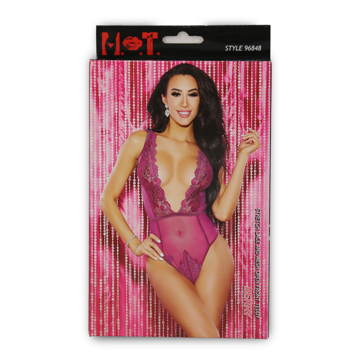 H.O.T - Stretch Lace & Mesh Open Front Teddy - Berry - One Size