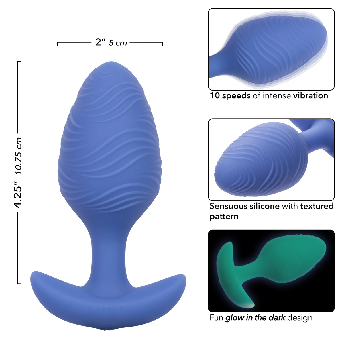 CalExotics® Cheeky Vibrating Glow in The Dark Large Butt Plug - Blue