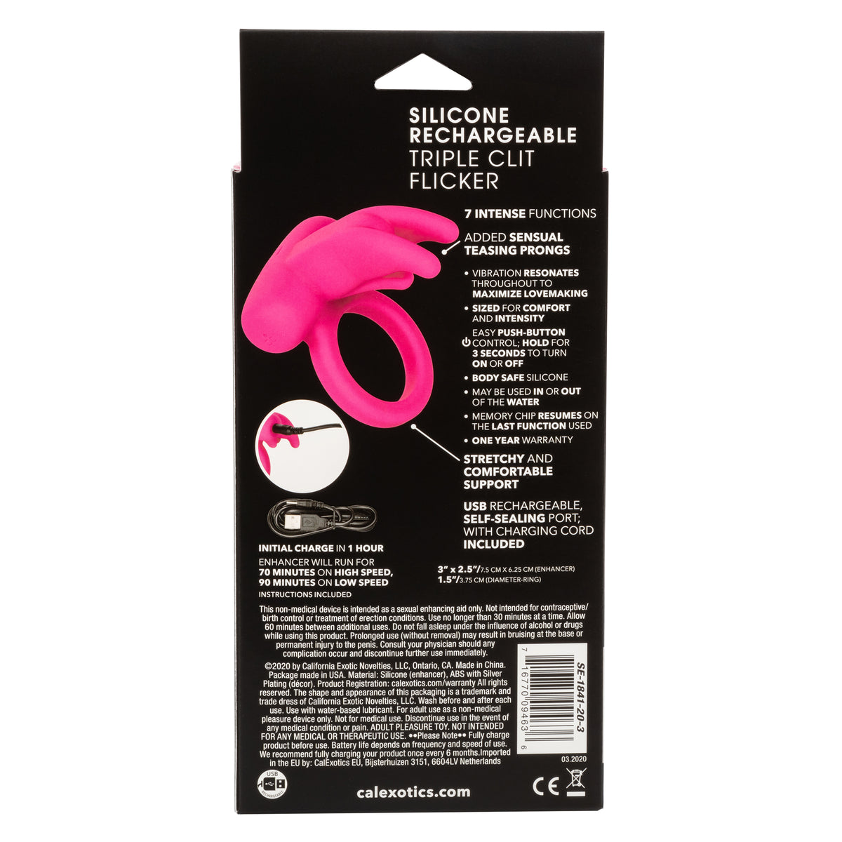 CALEXOTICS® - Silicone Rechargeable Triple Clit Flicker Vibrating Cock Ring - Pink