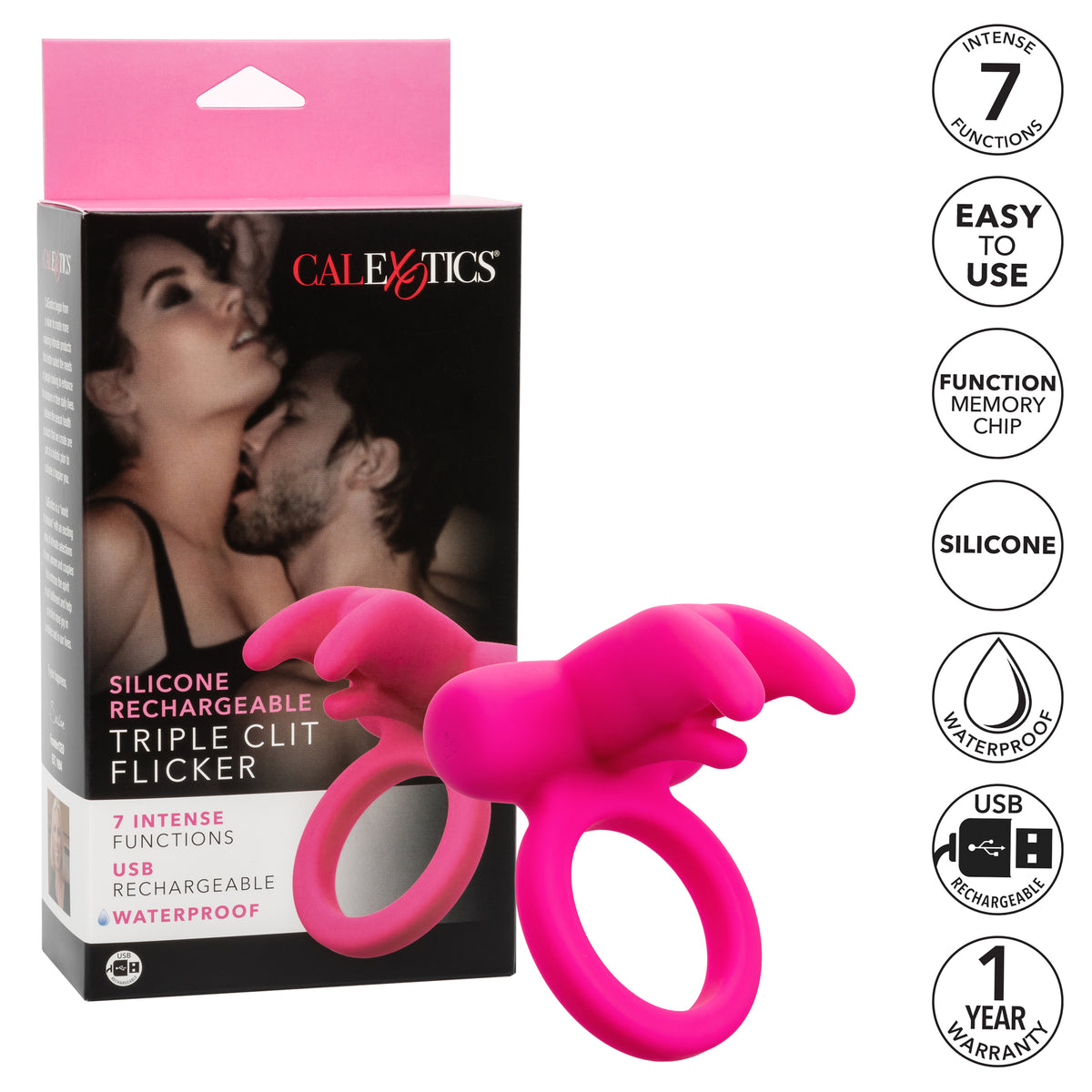 CALEXOTICS® - Silicone Rechargeable Triple Clit Flicker Vibrating Cock Ring - Pink