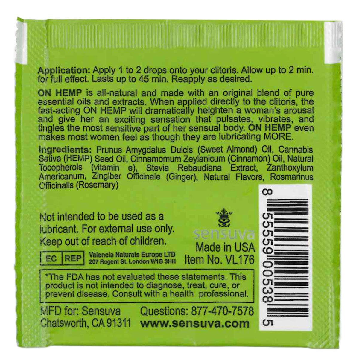 Sensuva – ON - Huile stimulante au chanvre pour femme – Sachet 0,5ml/0,002 fl oz.